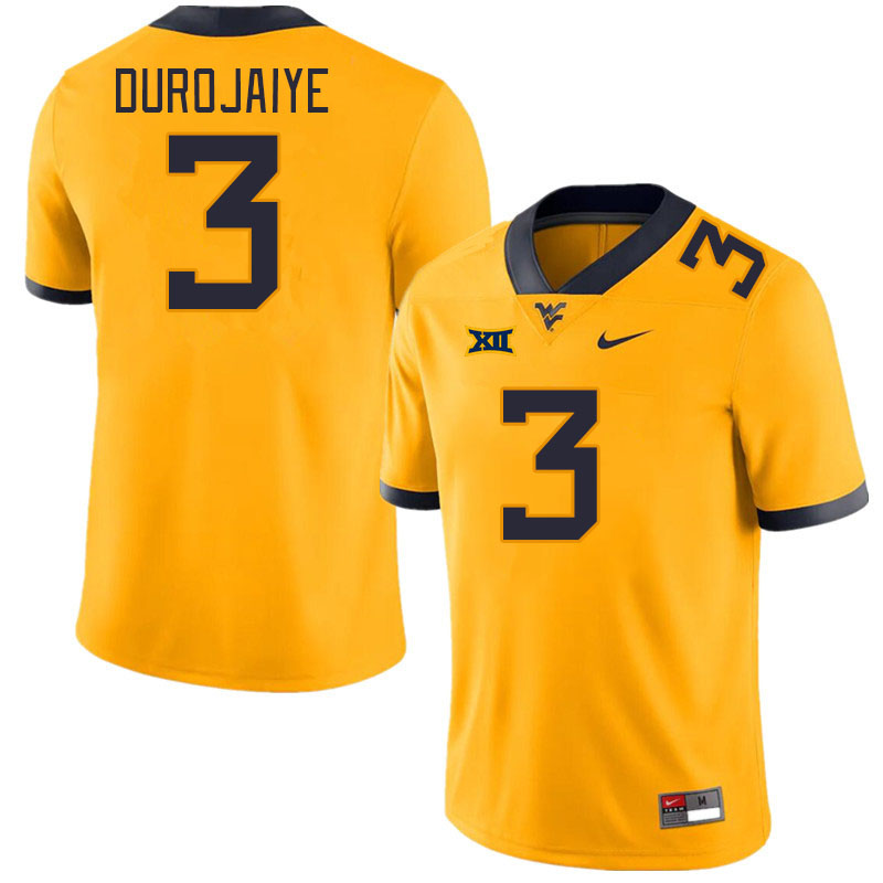 Men #3 Tomiwa Durojaiye West Virginia Mountaineers College Football Jerseys Stitched Sale-Gold - Click Image to Close